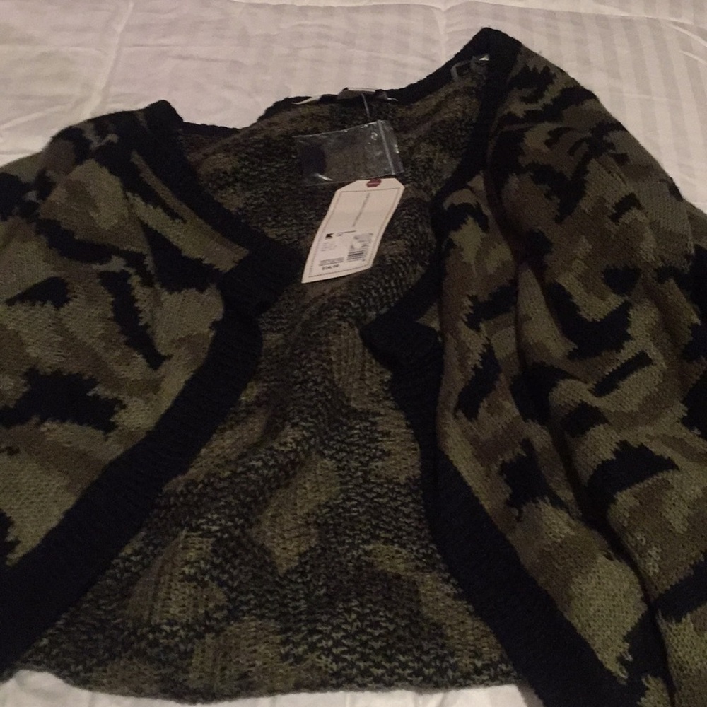 Waist  Length army patterned open front sweater